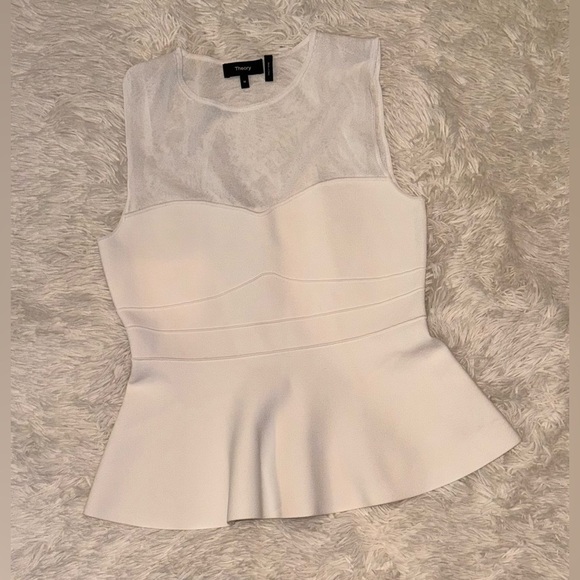 NWOT Theory White Yoke Shell Compact Crepe Peplum Blousesz M - Picture 2 of 6